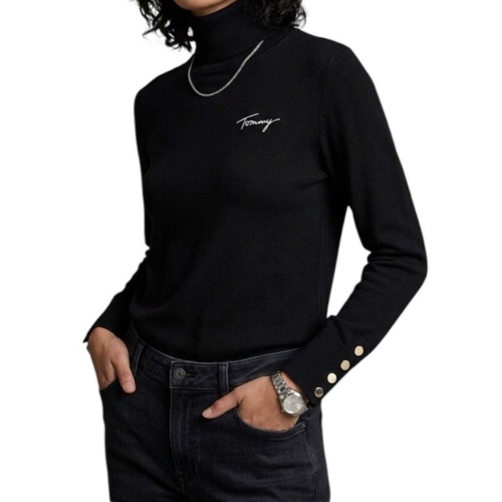 Tommy Hilfiger Black Turtleneck Button Cuff Contemporary Sweater Top Size Medium